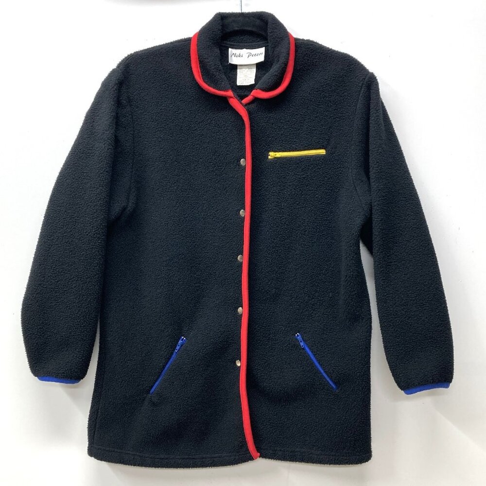 Vintage Niki Peters‎ Fleece Jacket, Size Small, Black Colorful Trim Mid-Length
